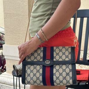 GUCCI GG Navy +Red Clutch Bag Sherry Line w Free Organizer Strap Converter